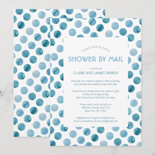 Waterverf Blue Polka Dot Baby shower per post Kaart (Voorkant / Achterkant)