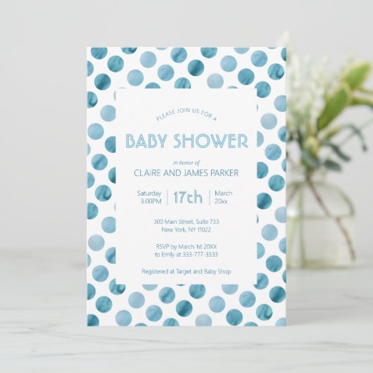 Waterverf Blue Polka Dot Cute Baby shower Kaart (Staand voorkant)