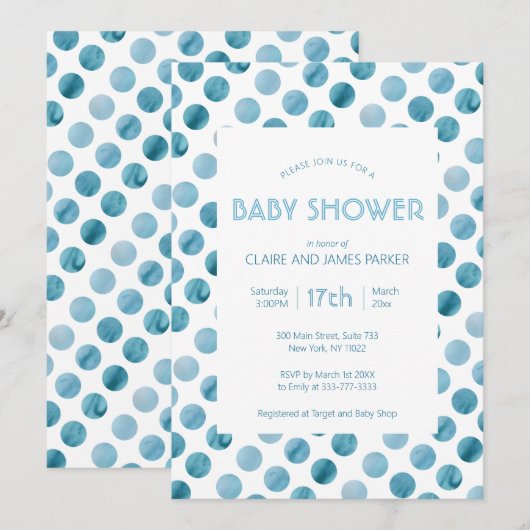 Waterverf Blue Polka Dot Cute Baby shower Kaart (Voorkant / Achterkant)