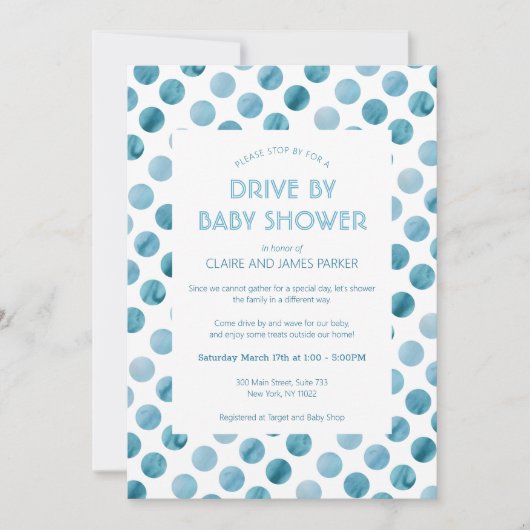 Waterverf Blue Polka Dot Drive by Baby shower Kaart (Voorkant)