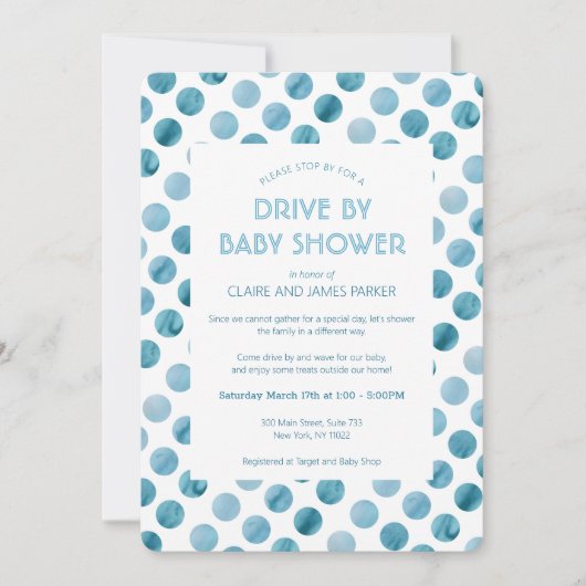 Waterverf Blue Polka Dot Drive by Baby shower Kaart (Voorkant)