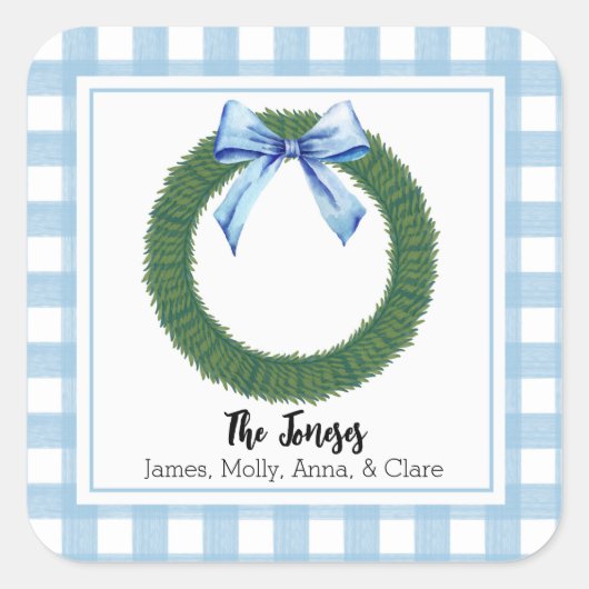 Waterverf Blue Pset Bow Wreath Gift Label Sticker (Voorkant)