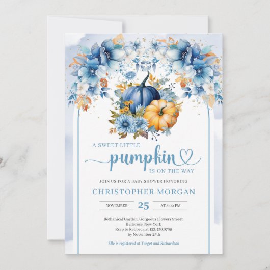 Waterverf Blue Pumpkin Fall Leaves Boho Arch Boy Kaart (Voorkant)