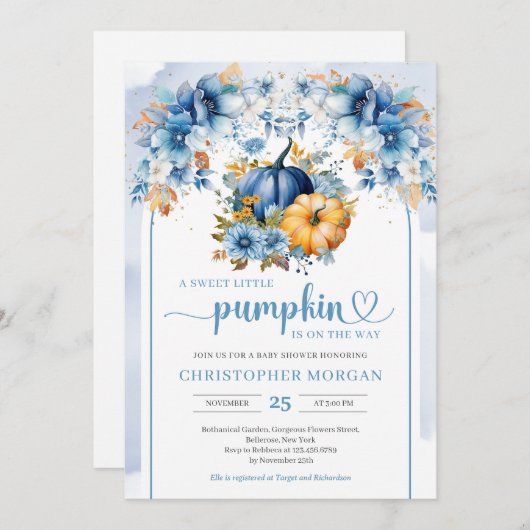 Waterverf Blue Pumpkin Fall Leaves Boho Arch Boy Kaart (Voorkant / Achterkant)