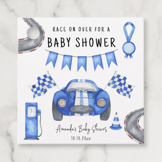 Waterverf Blue Race Car Baby shower Bedankjes Labels (Voorkant)