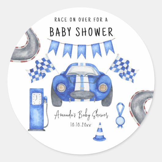 Waterverf Blue Race Car Baby shower Ronde Sticker (Voorkant)