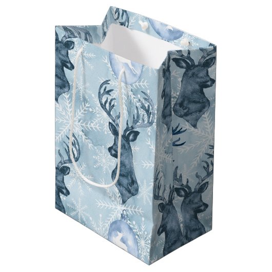 Waterverf Blue Reindeer kersttas Medium Cadeauzakje (Voorkant Gekanteld)