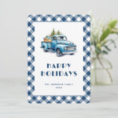 Waterverf Blue Retro Truck Gingham Plaid Feestdagenkaart (Staand voorkant)