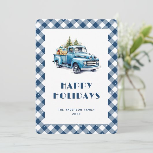 Waterverf Blue Retro Truck Gingham Plaid Feestdagenkaart (Staand voorkant)