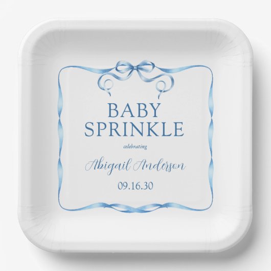 Waterverf Blue Ribbon Baby Sprinkle Papieren Bordje (Voorkant)
