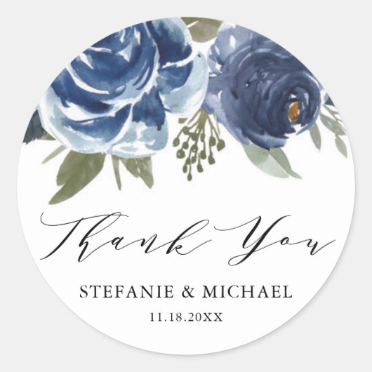 Waterverf Blue Roos en Peony Wedding Bedankt Ronde Sticker (Voorkant)