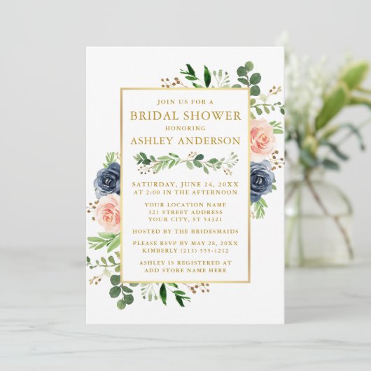 Waterverf Blue Roses Vrijgezellenfeest Gold Kaart (Staand voorkant)