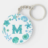 Waterverf Blue Sea Shells en Starfish Monogram Sleutelhanger (Achterkant)
