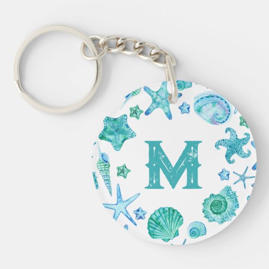 Waterverf Blue Sea Shells en Starfish Monogram Sleutelhanger (Voorkant)