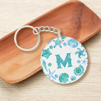 Waterverf Blue Sea Shells en Starfish Monogram Sleutelhanger
