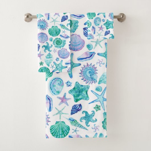Waterverf Blue Sea Shells en Starfish Pattern Bad Handdoek (Insitu)