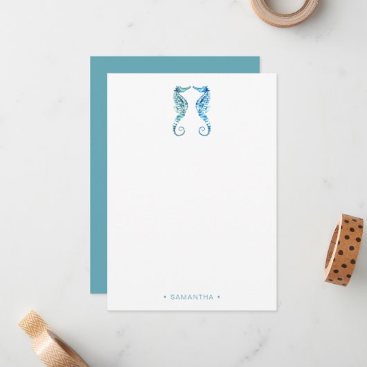 Waterverf Blue Seahorse Personalized Notitiekaartje (Voorkant / Achterkant in situ)