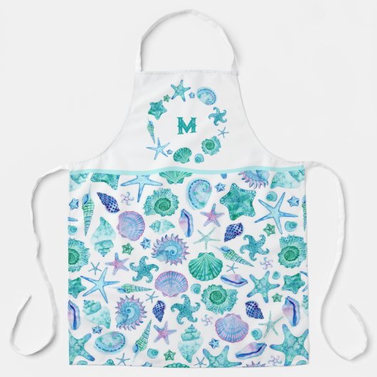 Waterverf Blue Seashells en Starfish Monogram Schort (Voorkant)
