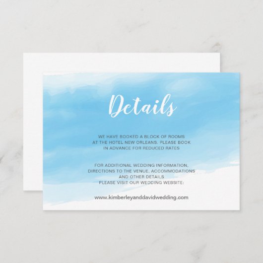 Waterverf Blue Seaside Wedding Detail Informatiekaartje (Voorkant / Achterkant)
