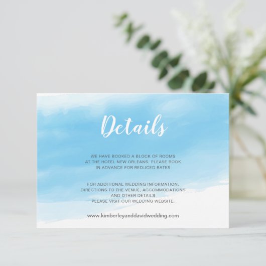 Waterverf Blue Seaside Wedding Detail Informatiekaartje (Staand voorkant)