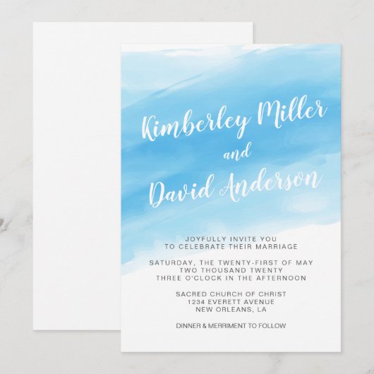 Waterverf Blue Seaside Wedding Invitation Kaart (Voorkant / Achterkant)