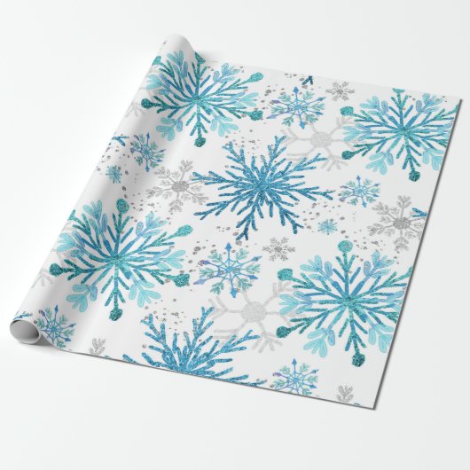 Waterverf Blue & Silver Glitter Winter Snowflakes Cadeaupapier (Uitgerold)