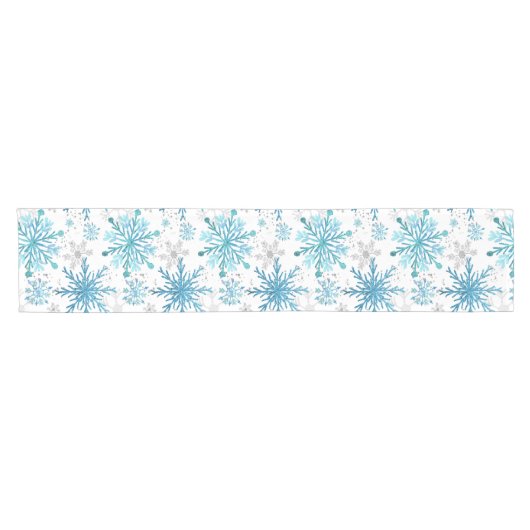 Waterverf Blue & Silver Glitter Winter Snowflakes Korte Tafelloper (Horizontaal)