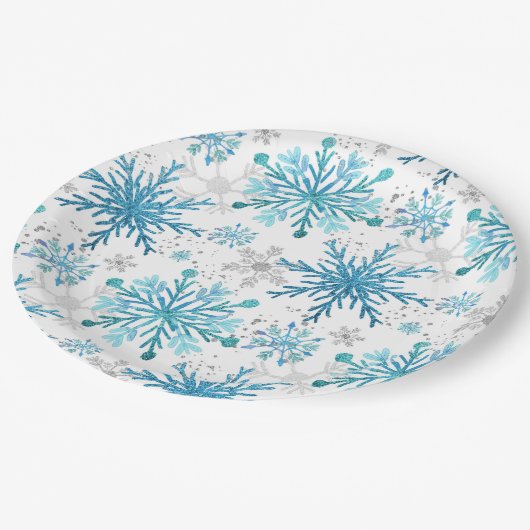 Waterverf Blue & Silver Glitter Winter Snowflakes Papieren Bordje (Gekanteld)
