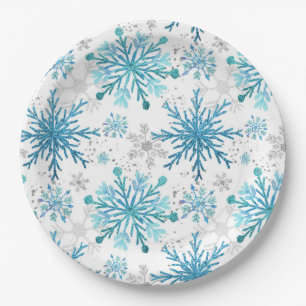 Waterverf Blue & Silver Glitter Winter Snowflakes Papieren Bordje