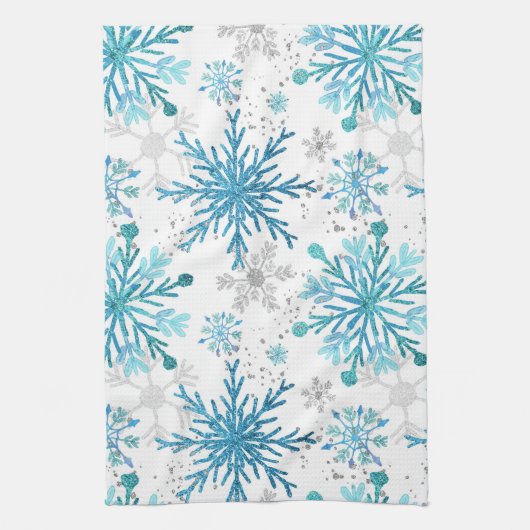 Waterverf Blue & Silver Glitter Winter Snowflakes Theedoek (Verticaal)