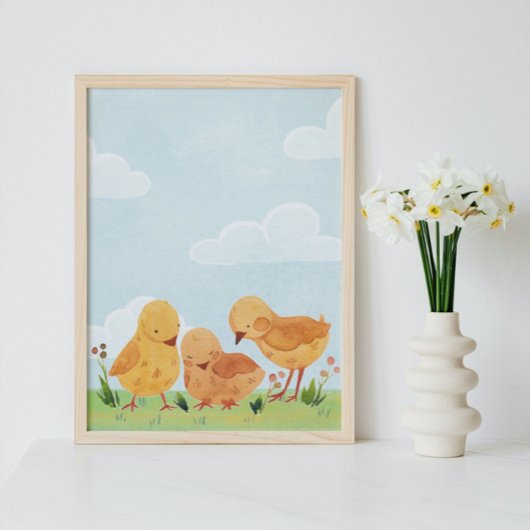Waterverf Blue Sky Clouds Chicks Flowers Nursery Poster