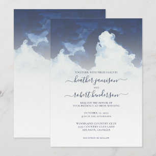 Waterverf Blue Sky en Clouds Wedding Invitation Kaart