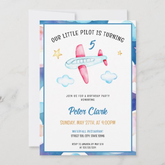 Waterverf Blue Sky Schattige Vliegtuig 5e Verjaard Kaart (Voorkant)