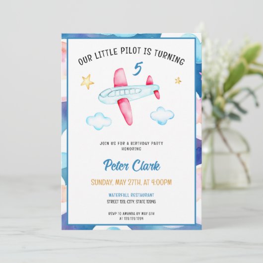 Waterverf Blue Sky Schattige Vliegtuig 5e Verjaard Kaart (Staand voorkant)