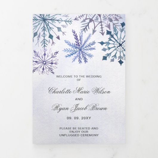 Waterverf Blue Snowflake Winter Wedding Drieluik Programma (Cover)