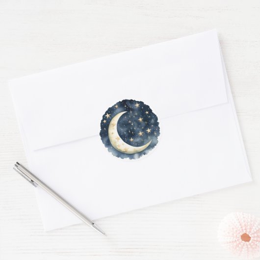 Waterverf Blue Space en Golden Moon Baby shower Ronde Sticker (Envelop)