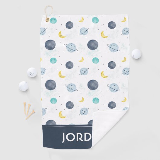 Waterverf Blue Space Planet Patroon Golfhanddoek (Insitu)