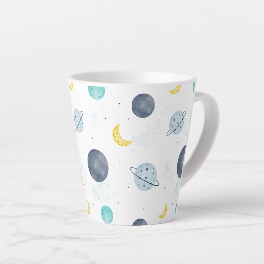 Waterverf Blue Space Planet Patroon Latte Mok (Rechterhoek)