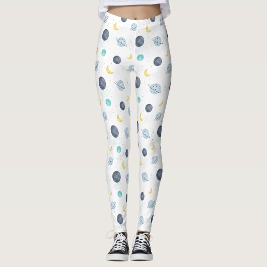 Waterverf Blue Space Planet Patroon Leggings (Voorkant)