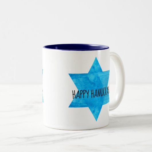 Waterverf Blue Star van David Happy Hanukkah Tweekleurige Koffiemok (Voorkant rechts)