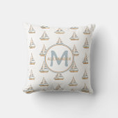 Waterverf Blue Stripe Sailboat Monogram Kussen (Voorkant)