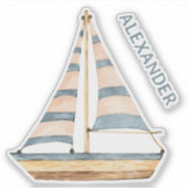 Waterverf Blue Stripe zeilboot gepersonaliseerd Sticker (Voorkant)