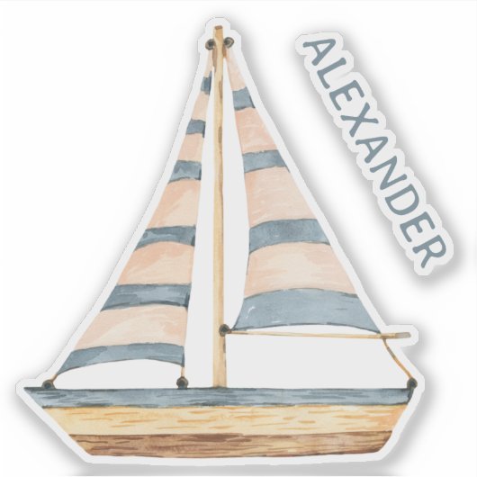 Waterverf Blue Stripe zeilboot gepersonaliseerd Sticker (Voorkant)