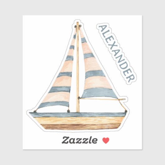Waterverf Blue Stripe zeilboot gepersonaliseerd Sticker (Vel)