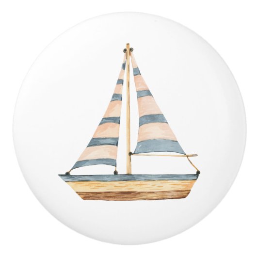 Waterverf Blue Stripe zeilboot Keramische Knop (Voorkant)
