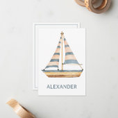 Waterverf Blue Stripe zeilboot Notitiekaartje (Voorkant / Achterkant in situ)