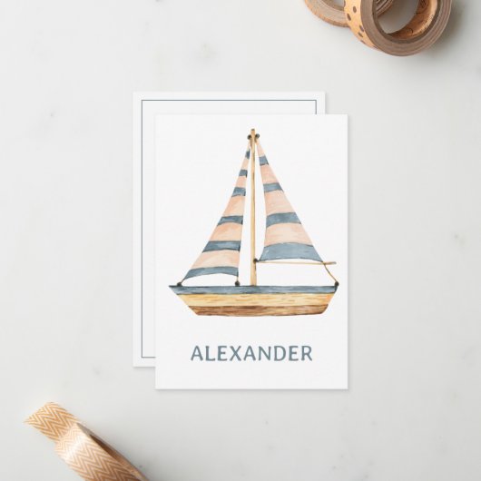 Waterverf Blue Stripe zeilboot Notitiekaartje (Voorkant / Achterkant in situ)