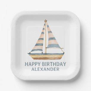Waterverf Blue Stripe zeilboot Papieren Bordje