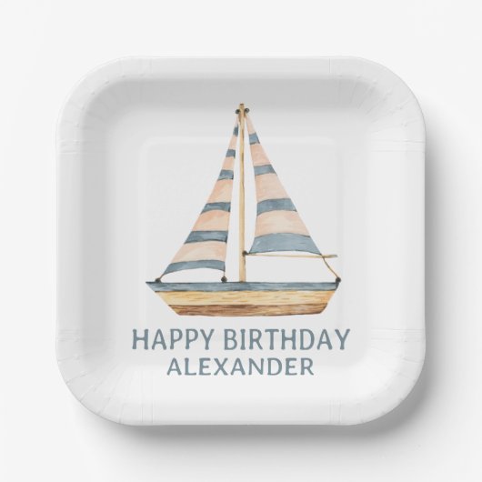 Waterverf Blue Stripe zeilboot Papieren Bordje (Voorkant)