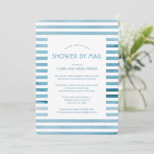 Waterverf Blue Stripes Baby shower by Mail Kaart (Staand voorkant)